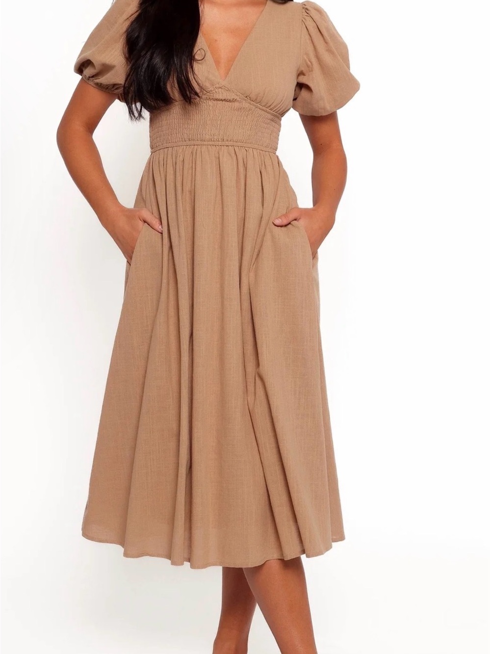 Petal & Pup Tan Puff Sleeve V‑Neck Midi Dress